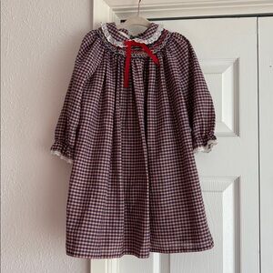 VINTAGE Polly Flinders Checkered Plaid Smocked Dress with Eyelet Lace Trim Bib